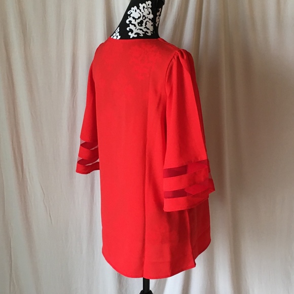 Red Bell Sleeve Tunic Swing Blouse Contrast Mesh Panels on Sleeves, NWOT, Small - Picture 7 of 15